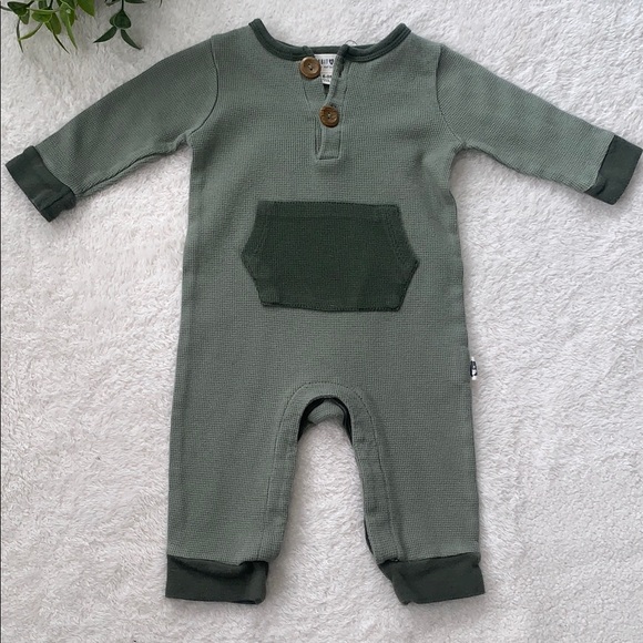 Rabbit + Bear Green Baby Romper with Pocket 6-9M Organic Cotton EUC - Picture 1 of 12